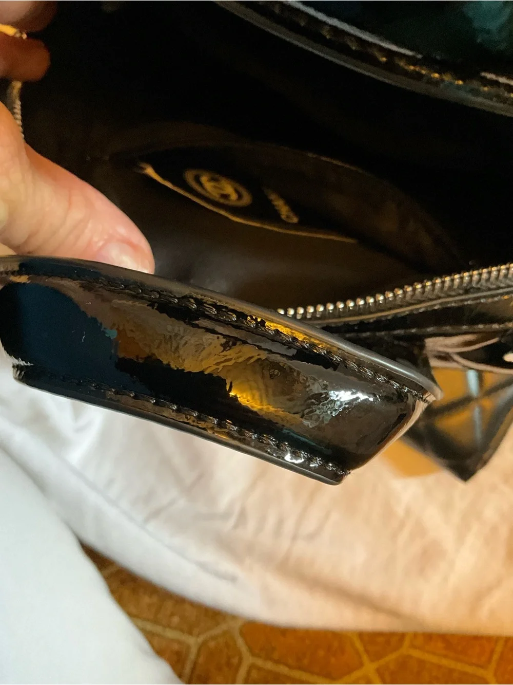 Designer Fashioned Black Quilted Patent Leather Satchel with Chain Strap